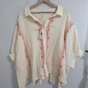 Easel Cream Blouse with Pink Embroidery